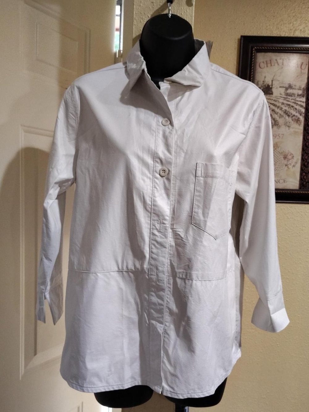 Women's White Longline Button-Down Shirt with Chest Pocket